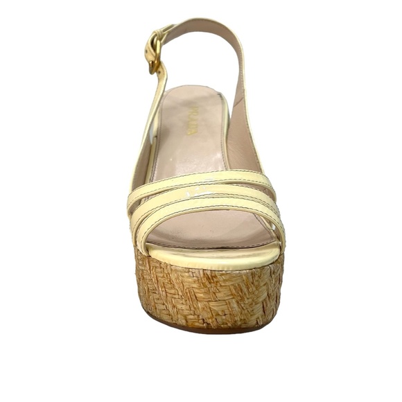 PRADA CREAM PATENT LEATHER WEDGE WOVEN RAFFIA PLATFORM SANDAL - Picture 6 of 16